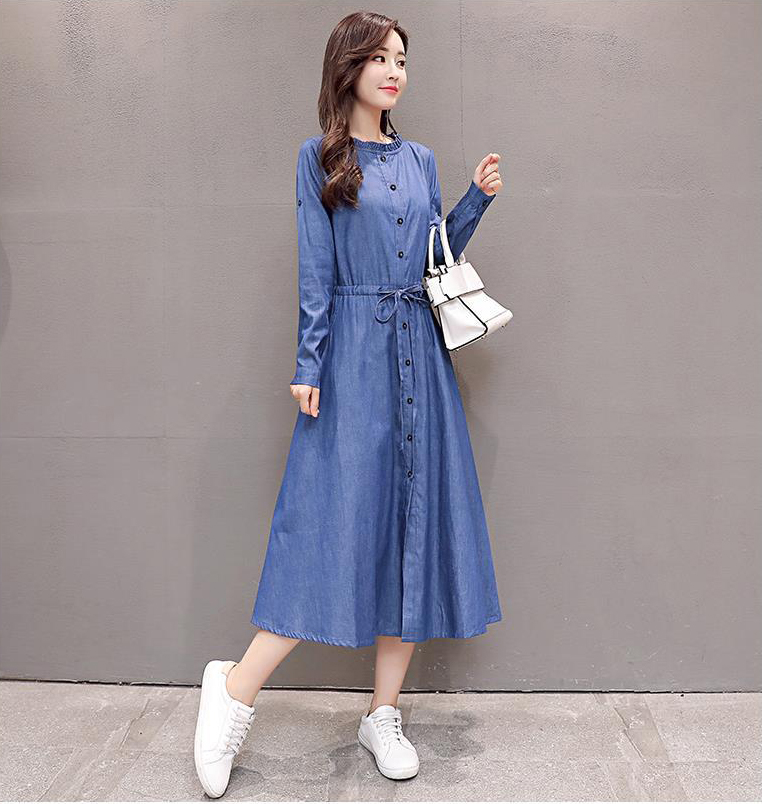 ĐẦM JEAN XÒE TAY DÀI CỔ BÈO TRÒN
